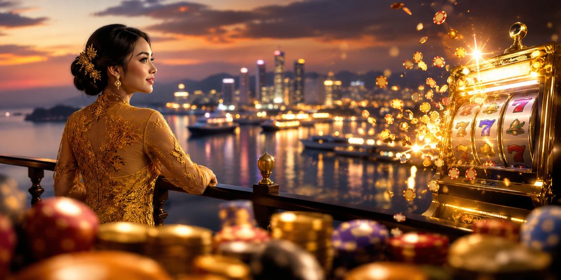 Wanita berkebaya bermain permainan slot dalam suasana kasino gaya Malaysia di Penang